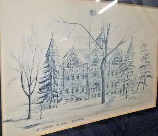 St.  Norbert College Main Hall Framed Art Drawing Mabel Barry 1972 Wisconsin