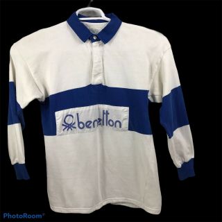 Vtg United Colors Of Benetton Spellout Rugby Shirt 1980s Italy 100 Cotton Blue