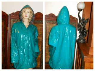 Vtg L Wippette Shiny Blue Pvc Vinyl Raincoat Hood Shiny Pvc Rain Jacket Slicker