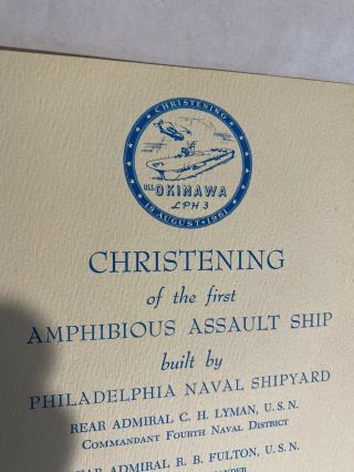 1961 CHRISTENING INVITATION SOUVENIR CARD - USS Okinawa LPH - 3 PHILADELPHIA SHIP 2