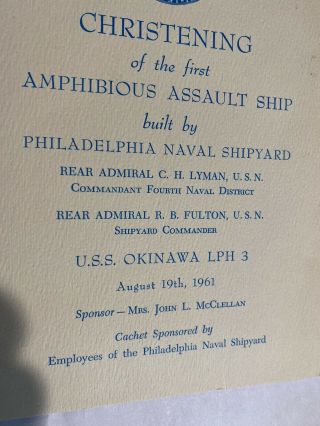 1961 CHRISTENING INVITATION SOUVENIR CARD - USS Okinawa LPH - 3 PHILADELPHIA SHIP 3