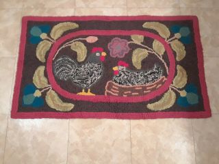 Vintage 1940s Hand Hooked Rug With 2 Chickens/one On Nest Good Colors 39x22.  5 In