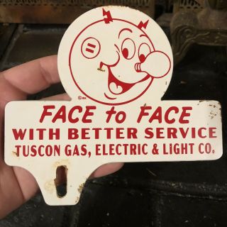 Vintage Ready Kilowatt Tucson Gas & Electric Co Metal License Plate Topper Sign