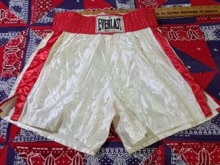 Vtg 80s Everlast Wba Boxing Satin Pearl White Red Fighting Trunks Shorts M 30