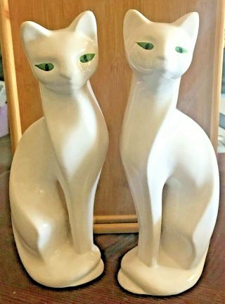 (2) Vintage Retro Mid Century Tall White Siamese Ceramic Cat Set Artmark 12”
