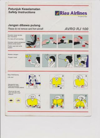 Riau Airlines Avro Rj 100 Safety Card