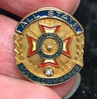 Veterans Vfw All State Post Commander Diamond 10 K Gold Filled Award Lapel Pin
