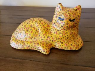 Vintage Calico Cat Figurine Yellow Covered In Lacquered Fabric