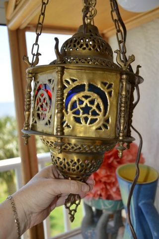 Vintage Moroccan Style Cut Pierced Brass Pendant Hanging Lantern Light 14 " 1960s