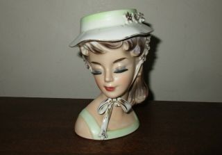 Vintage Japan Porcelain Lady Headvase Head Vase Green Bonnet Napco 5 " 1950 