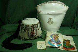 Vintage Masonic Shriner White Fez Hat W/bag Masud Daughters Of Isis 19a007