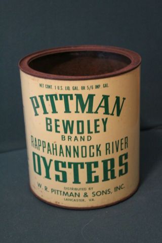 Vintage Pittman Bewdley Rappahannock River 1 Gallon Oyster Tin Can Lancaster,  Va