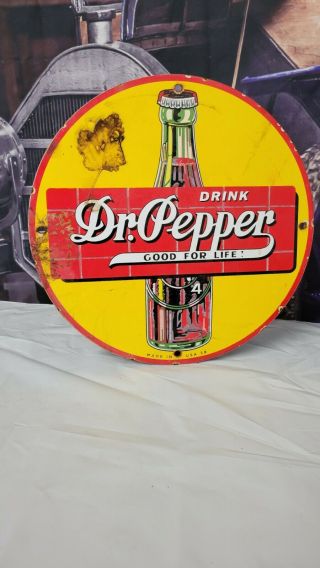 Old Vintage Dated 1939 Drink Dr.  Pepper " Good For Life " Porcelain Sign Soda Pop