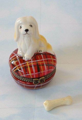 Handpainted Lhasa Apso Maltese Puppy Dog Lover Porcelain Hinged Trinket Box