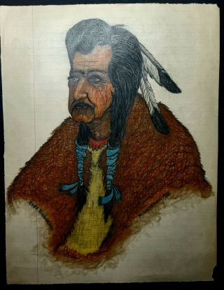 Indian School Ledger Drawing Of Chief Running Bull.  White Cloud 1932.