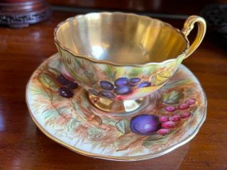 Vintage Aynsley Orchard Fruit Gold Tea Cup & Saucer Both Signed By D.  Jones