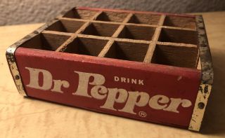 Vintage Miniature Dr.  Pepper Mini Bottle Wooden Crate Metal Banded Ends Rustic