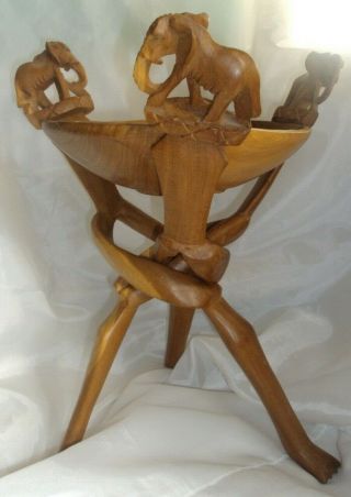Vintage Hand Carved Of 1 Piece Of Wood Tripod W/elephant Supports Made In Kenya