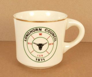 Boy Scouts Of America Bsa Mug Cup Longhorn Council 1971 Ivory Gold Rimmed