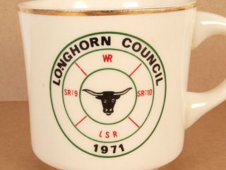 Boy Scouts of America BSA Mug Cup Longhorn Council 1971 Ivory Gold Rimmed 2