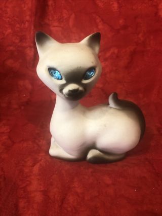 Vintage 50s Usa Pottery Siamese Cat Figurine Blue Jewel Rhinestone Eyes