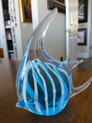 Glass Fish Figurine - Blue With White Stripe Design - Cute Piece