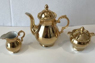 Vintage Stw Bavaria Tea Set Germany 24 K Gold Plate Teapot Creamer Sugar