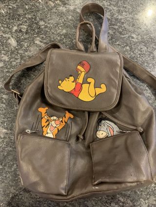 Vintage Disney World Winnie The Pooh Drawstring Faux Leather Bag Backpack Rare