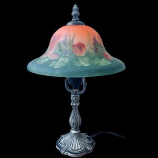 Vintage Reverse Painted Glass Table Lamp Boudoir Accent Floral Motif Metal Base