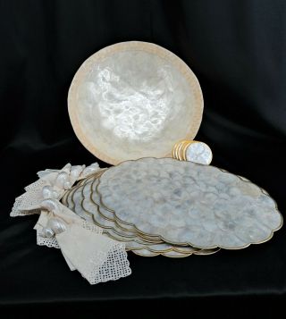 Capiz Shell Set Vintage Mother Of Pearl Place - Mats Napkins Rings Coasters Bowl