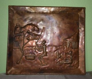 Vtg African Hammered Copper Wall Art Decor Plaque Of Couple Gathering Fruit