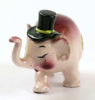Vintage Ceramic Pink & Purple Trunk Up Elephant With Black Top Hat Figurine,  3 "