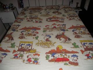 Vintage Peanuts Western Style Flat Bed Sheet Twin Size Snoopy Beige Usa Good