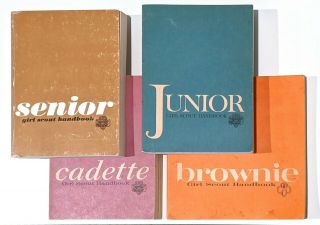 Vintage 60s Soft Cover Girl Scout Handbooks: Brownie,  Junior,  Cadette,  Seniors