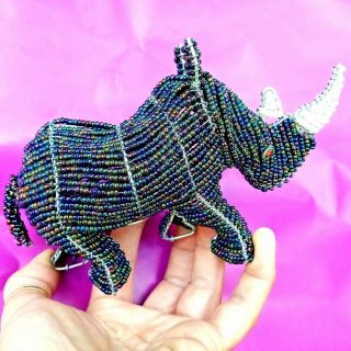 Vvv Rhino African Beaded Wire Animal Sculpture Figurine Tribal Art.
