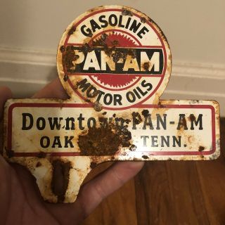Vintage Downtown Pan - Am Gasoline Motor Oil Metal License Plate Topper Sign