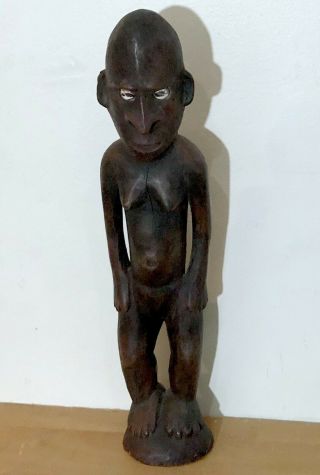 Old Papua Guinea Carved Wood Statue Of Female Figure With Cowrie Shells Eyes