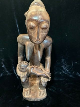 Antique African Art Hand Carved Wood Figure Seated Female Nude,  Baby,  Tattoo 18”