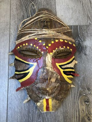 Vintage Hand Painted Tribal Ceremonial Authentic Turtle Shell Mask Red Yellow