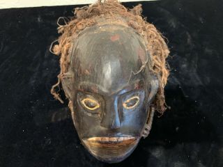 Antique African Art Hand Carved Wood Mask Open Mouth Teeth & Afro Haircut 9”