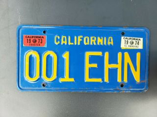 1973 1974 California License Plate 001 Ehn Blue