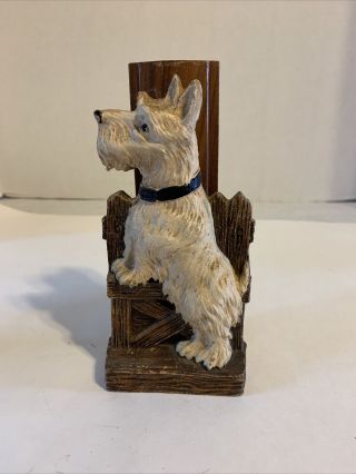 Vintage Syroco Wood Scottie Dog On Fence Clothes Brush Holder With Brown Brush