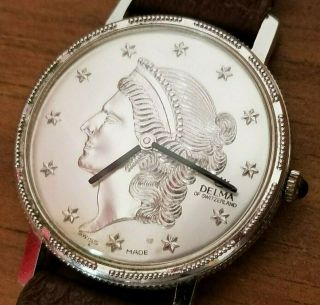 Vintage Delma Swiss Made Gents Wristwatch W/ Silver Coin Unique Running Mens Old