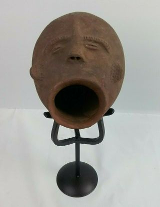 West African Red Terracotta Vessel In The Form Of A Human Head,  With Stand