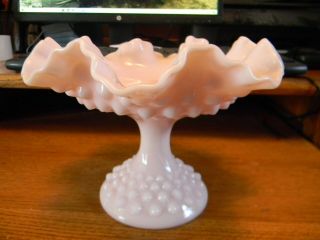 Vintage Fenton Pink Rose Pastel Milk Glass Hobnail Pedestal Fluted Dish