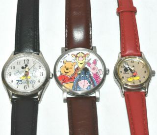 3 Set Vintage Disney Watches 75 Years With Mickey Mouse Pooh With Leather Straps