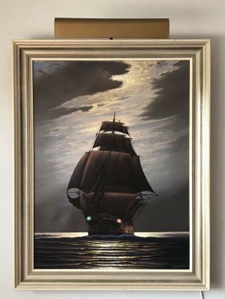 Vintage German Impressionist Nautical Sailing Ship Seascape Oil Painting 1950s