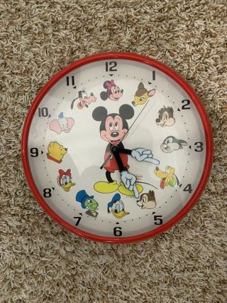 Vintage Sunbeam Quartz Disney Mickey Mouse & Character Wall Clock Red 11”