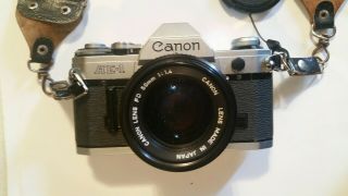 Canon Ae - 1 Slr Film Camera With Canon Fd 50mm 1:1.  4 Lens & Vintage Neck Strap