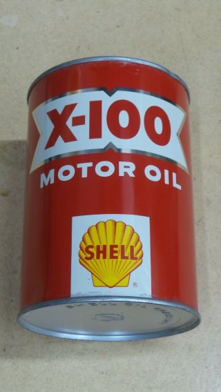 Vintage Shell X - 100 One Quart Motor Oil Can Metal Gas Sign Full Nos